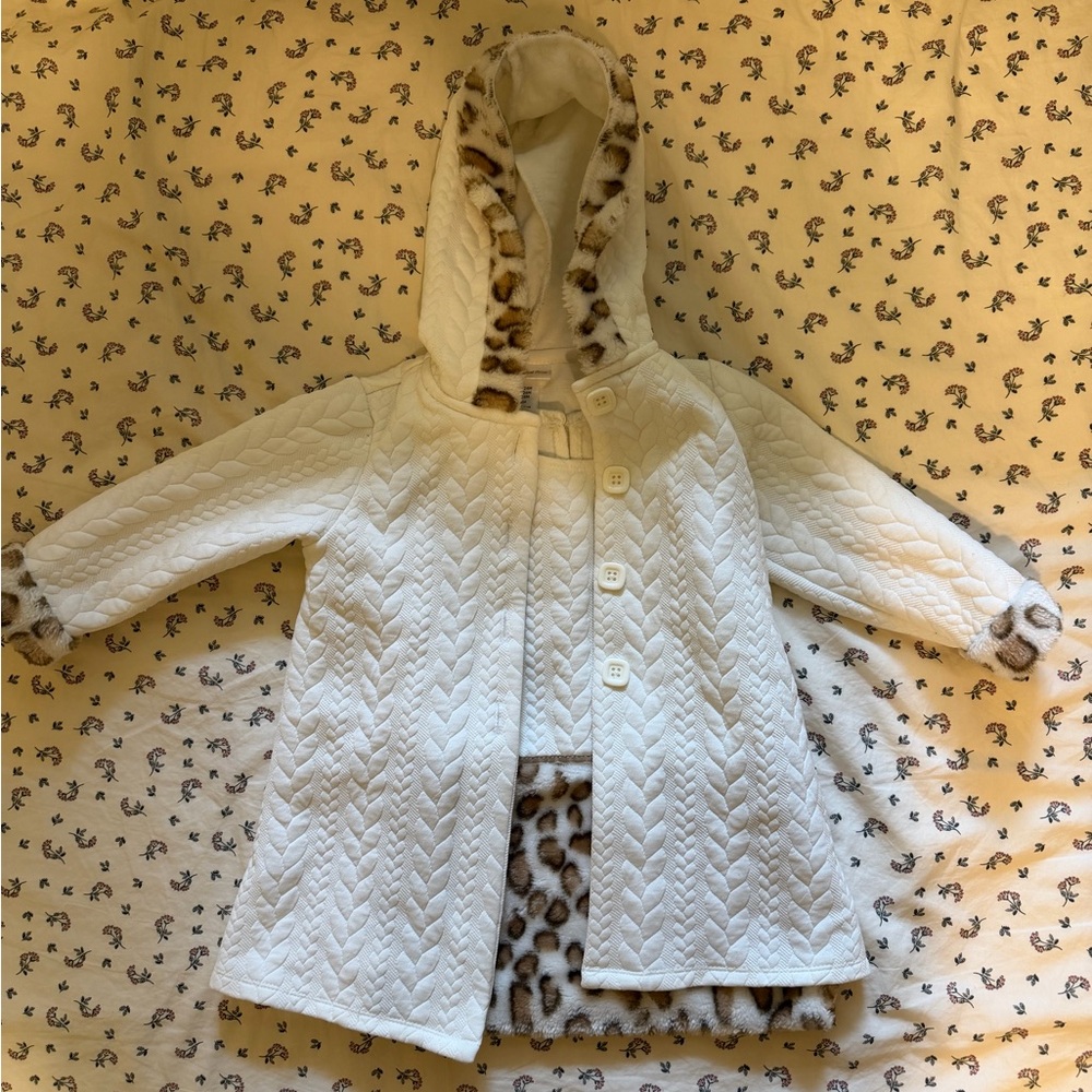 Girls' Cream Quilted Hooded Coat with Leopard Trim and Matching Dress